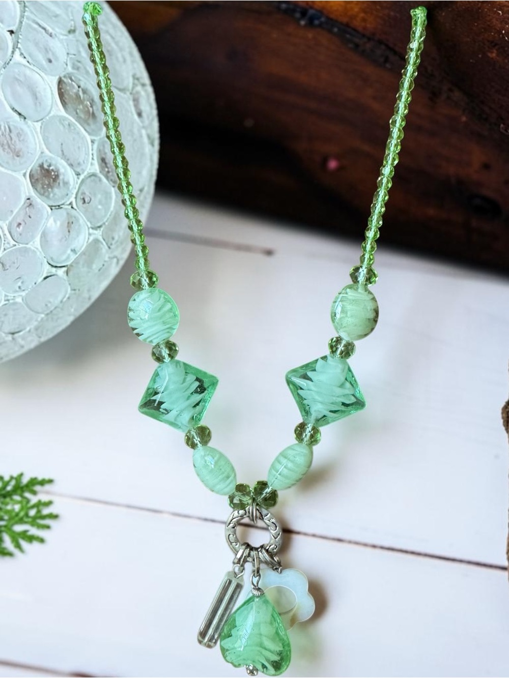 Green Glass Beaded Charm Pendant Necklace - Women Jewelry
